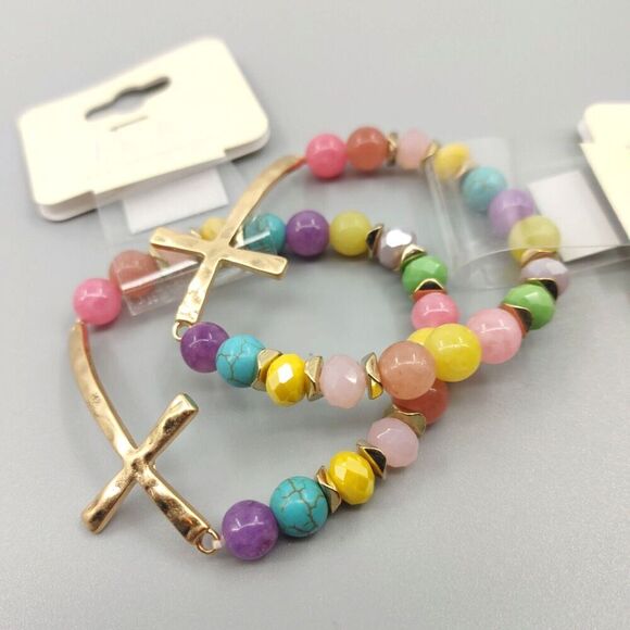 Set of 2 Cross Gold Tone Bracelet Beaded Hammered Catholic Religious Easter Gift - Picture 2 of 15